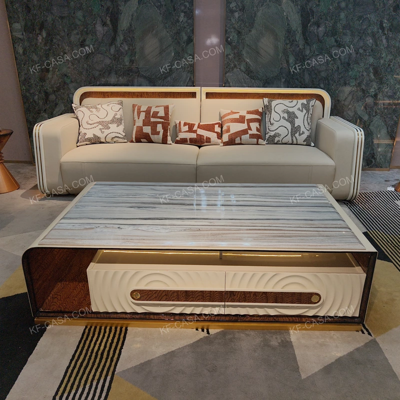 Sculptural Coffee Table with Integrated Marble-Effect Top, Natural Wood Veneer, and White Lacquer Accents